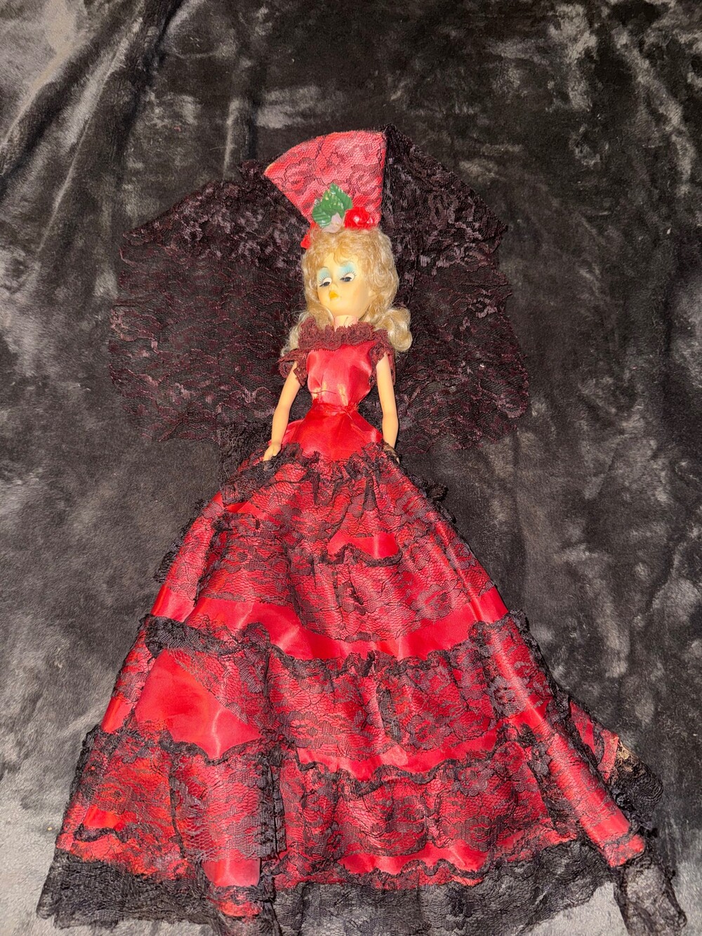 11 Inch Doll Red Dress Black Lace Flamenco Style Vintage